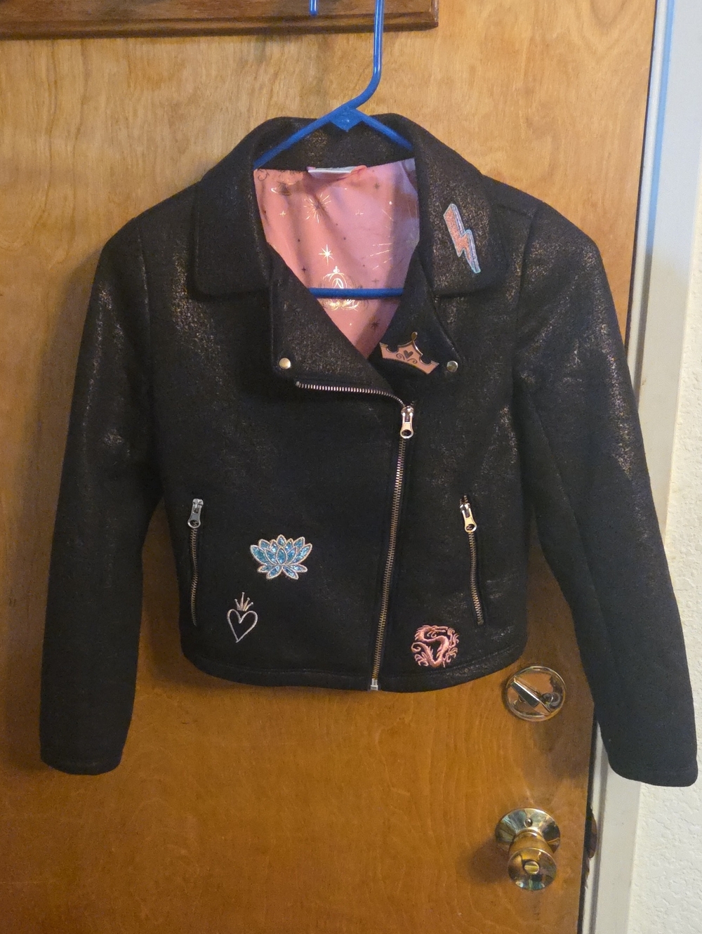 Girls Disney Parks Princess Moto Jacket Pink Black Sparkle Decals Size 9-10